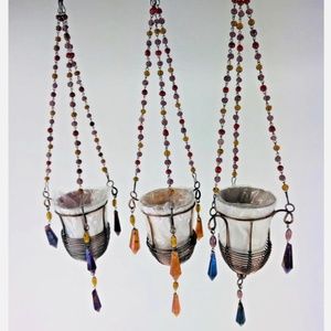Bombay Company Hanging Tea Light Candle Holder Beaded Red :Purple Amber